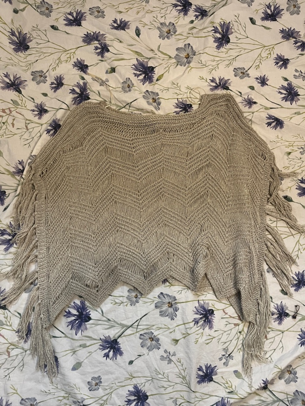 le chateau Beige Crochet Fringe Poncho Top - Picture 3 of 4